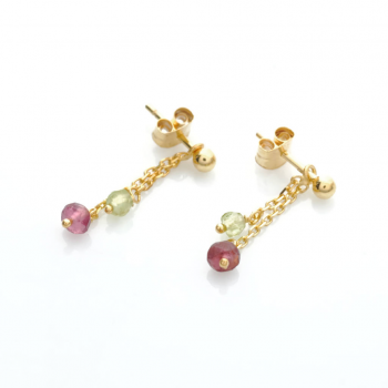 Bijou femme boucles d'oreilles 2 pendants tourmaline rose et péridot en Or jaune ou Or blanc