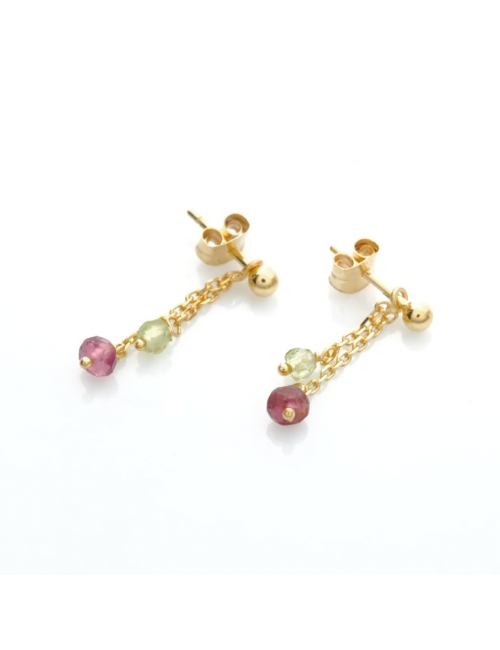 Bijou femme boucles d'oreilles 2 pendants tourmaline rose et péridot en Or jaune ou Or blanc