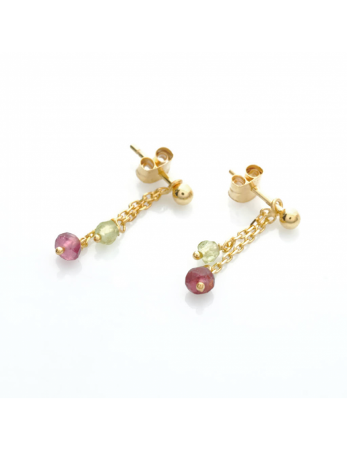 Boucle d'oreille femme or jaune 18 carats tourmaline et péridot.