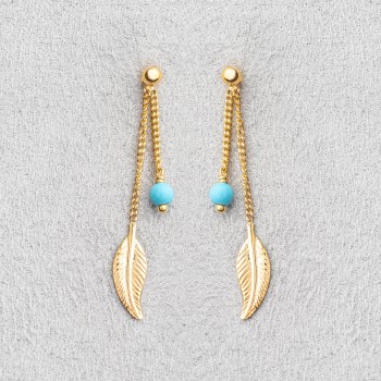 Boucle femme plume et turquoise.