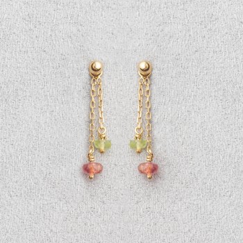 Bijou femme boucles d'oreilles 2 pendants tourmaline rose et péridot vert en Or jaune ou Or blanc.