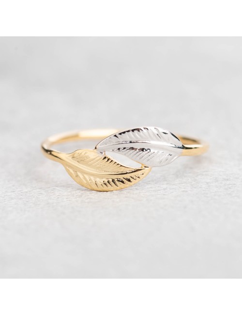 Bague femme petite double plume en or bicolore 9 carats.