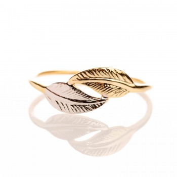 Bague femme petite double plume en or bicolore 9 carats.