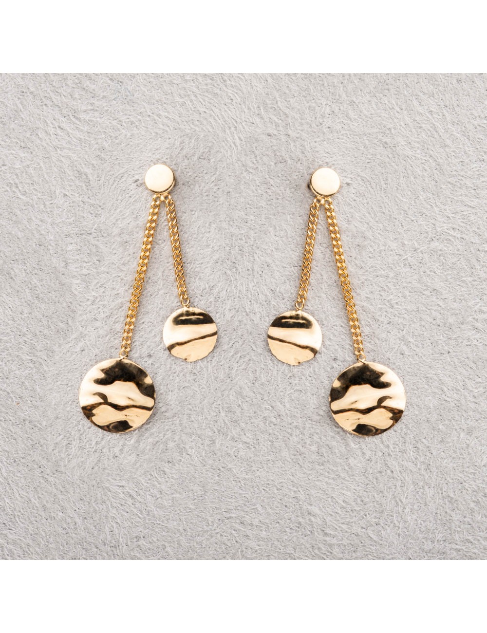 Boucle d'oreille femme double ronds froissés pendants en or 9 carats.