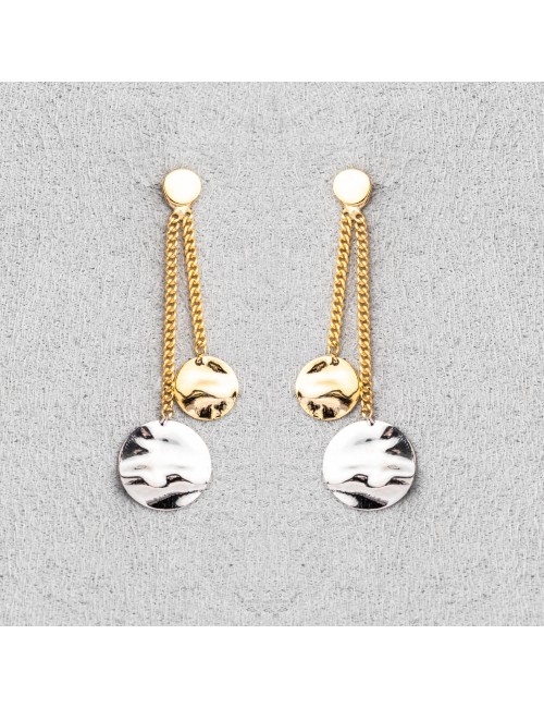 Boucle d'oreille femme double ronds froissés pendants en or 9 carats.