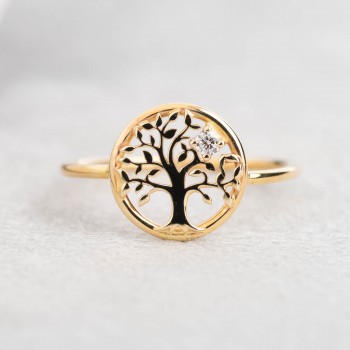 Bague femme arbre de vie et diamant 0,03 carats en or 18 carats.